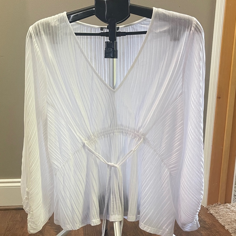 White V-Neck Pleated Tie-Waist Women's Top